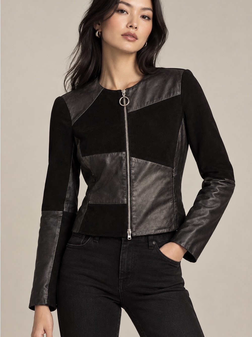 Hugo Boss lambskin patchwork suede and leather zip moto jacket- xs